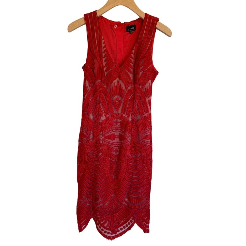 Bardot Embroidered Mesh Cocktail Dress Red XS Sheath Lace Overlay - Picture 2 of 10
